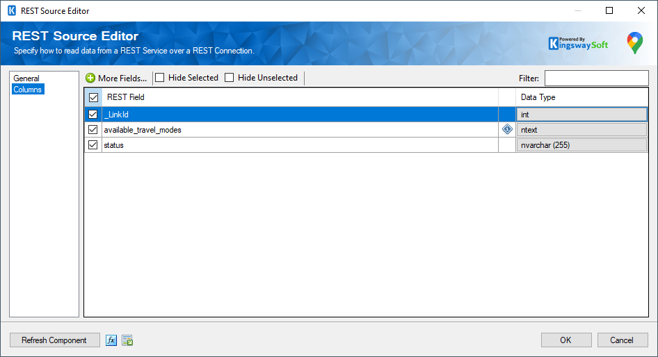 SSIS Google Maps REST Source - Columns